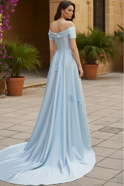 Off-the-Shoulder 3D Floral Satin Evening Gown