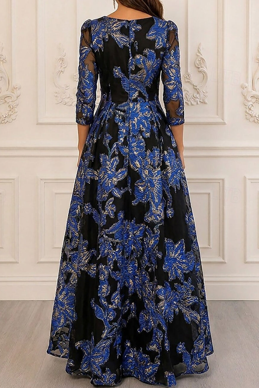 Floral Jacquard High-Low Gown with 3/4 Sleeves