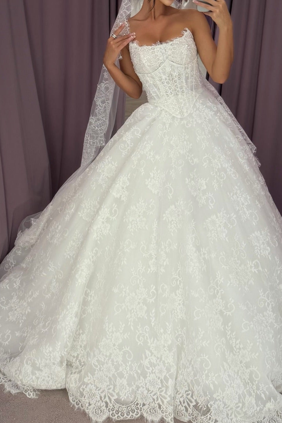 Corset Ball Gown Wedding Dress with Floral Lace Appliques