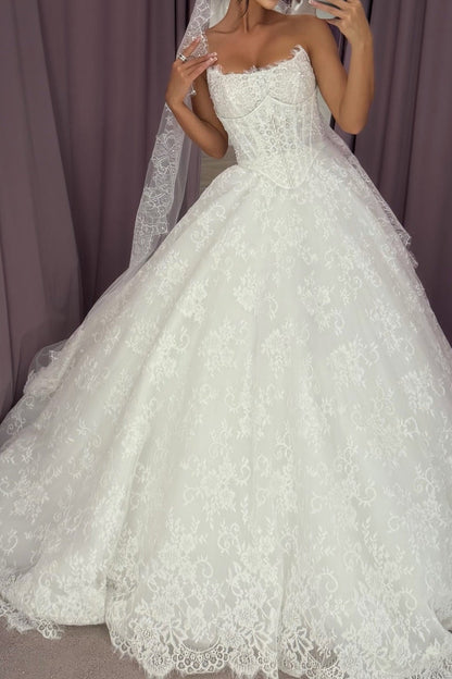 Corset Ball Gown Wedding Dress with Floral Lace Appliques