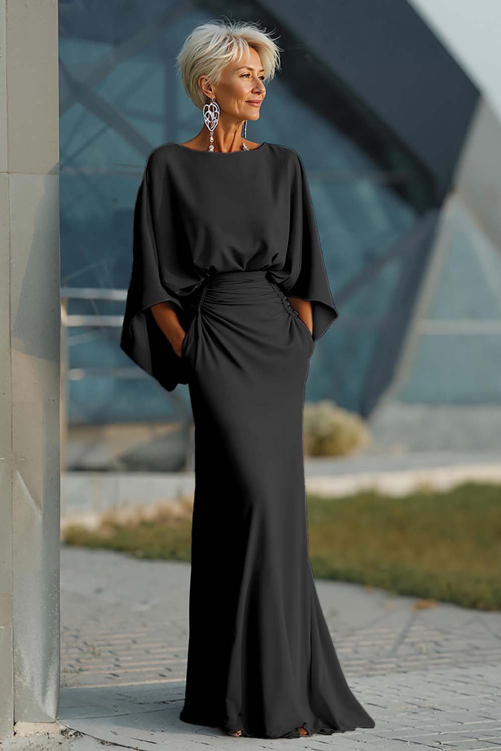 Elegant Ruched Evening Gown with Cape Sleeves