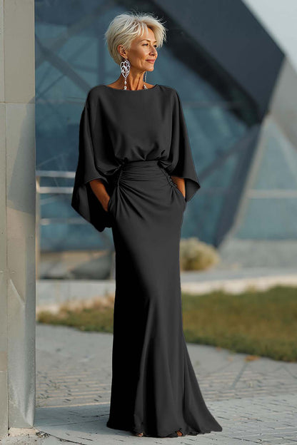 Elegant Ruched Evening Gown with Cape Sleeves