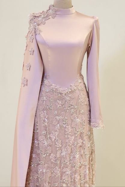 High-Neck Long-Sleeve Evening Gown with Floral Cape