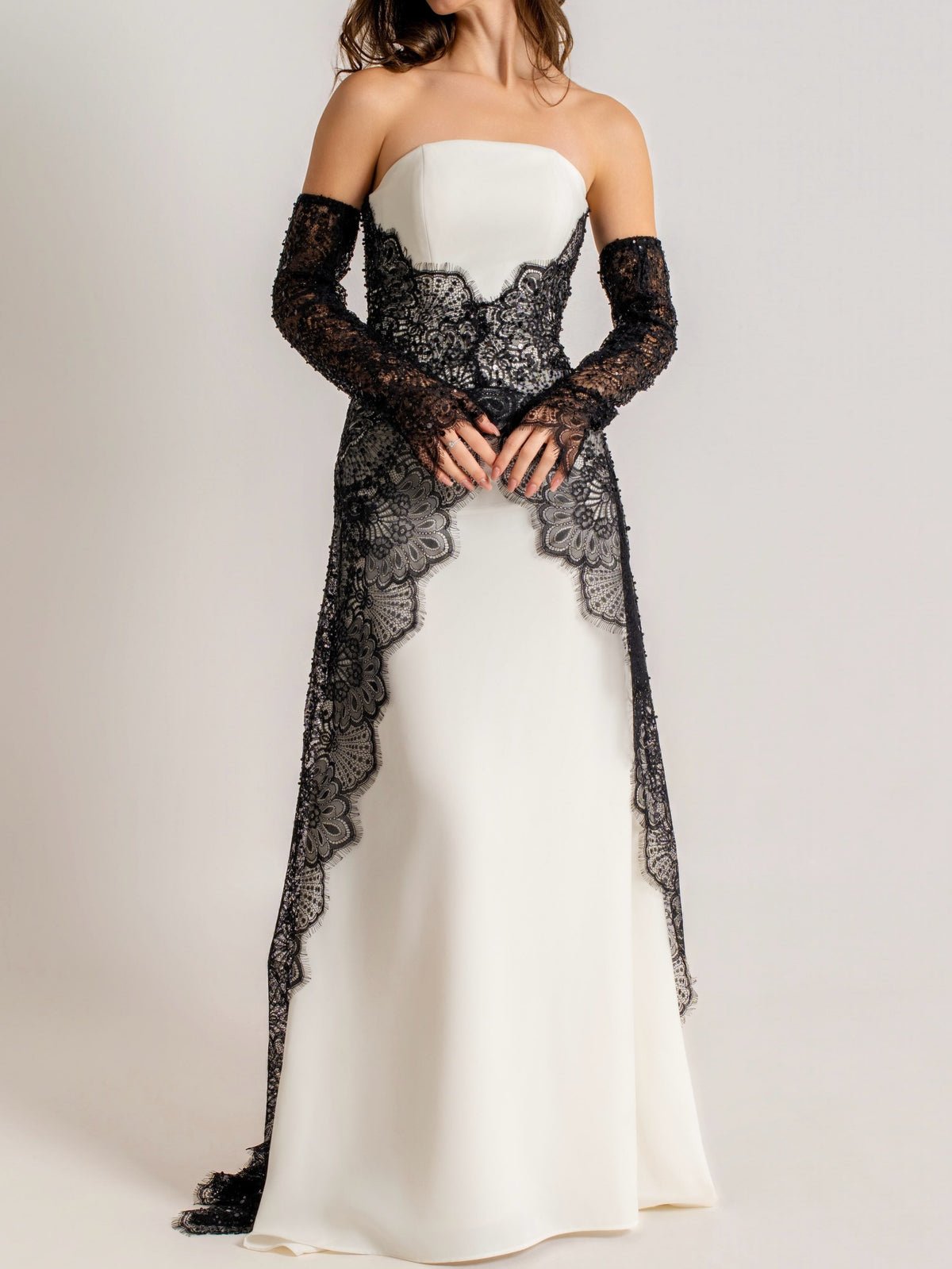 Strapless Gown with Embroidered Lace Overlay & Gloves
