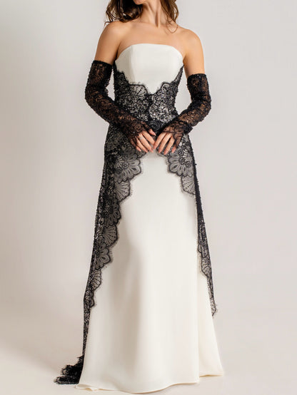 Strapless Gown with Embroidered Lace Overlay & Gloves