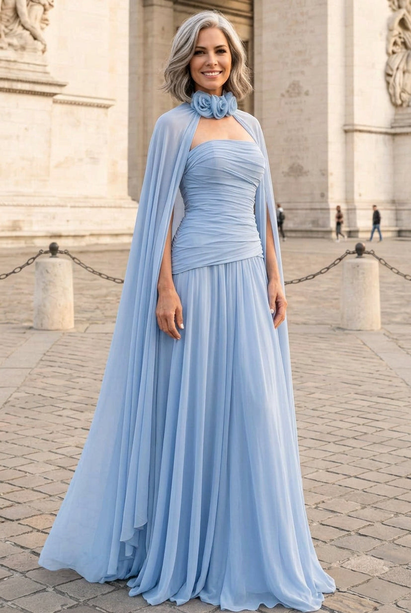 Strapless Ruched Gown with Chiffon Cape