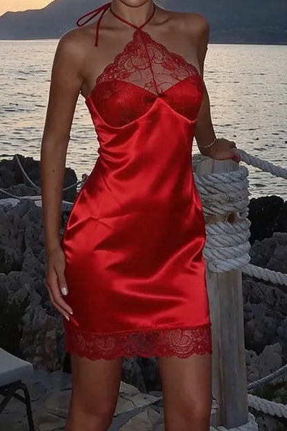 Red Satin Mini Dress with Halter Neck & Lace Trim