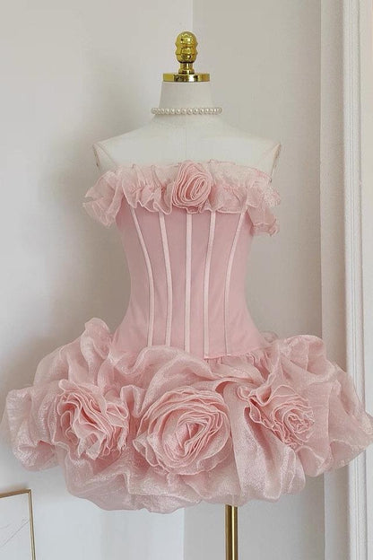 Corset Mini Dress with 3D Rosette Bubble Skirt