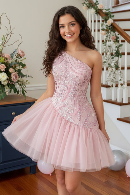 One-Shoulder Beaded Sequin Tulle Mini Dress