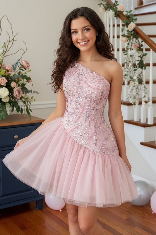 One-Shoulder Beaded Sequin Tulle Mini Dress