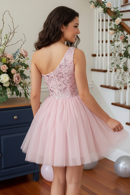 One-Shoulder Beaded Sequin Tulle Mini Dress