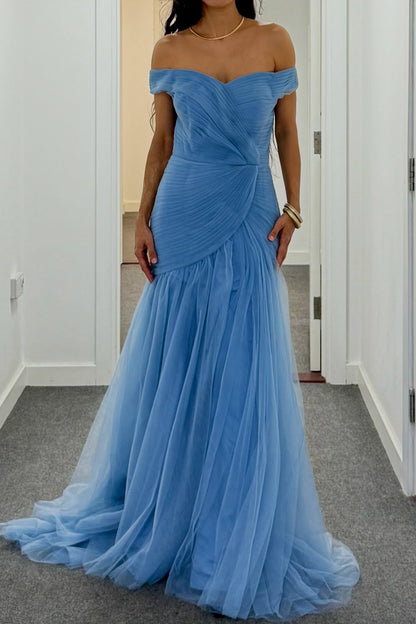 Off-the-Shoulder Pleated Tulle Mermaid Evening Gown