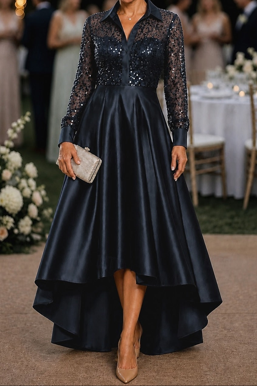 Sequin Shirt Bodice High-Low Satin Evening Dress