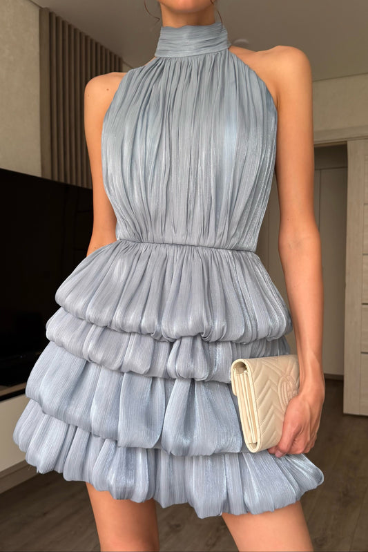 Pleated Tiered Halter Mini Dress