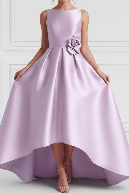 High-Low Satin Gown with Pockets and Waist Flower Detail