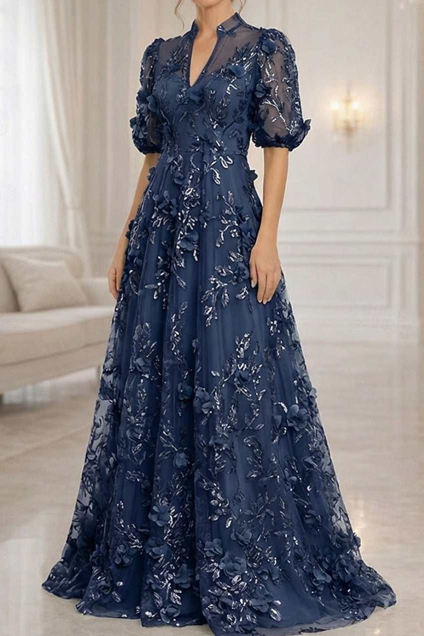 3D Floral Applique A-Line Gown with Puff Sleeves