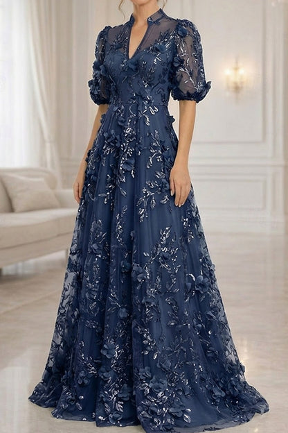 3D Floral Applique A-Line Gown with Puff Sleeves