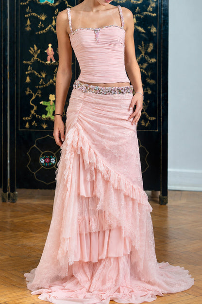 Ruched Two-Piece Lace Tiered Maxi Gown