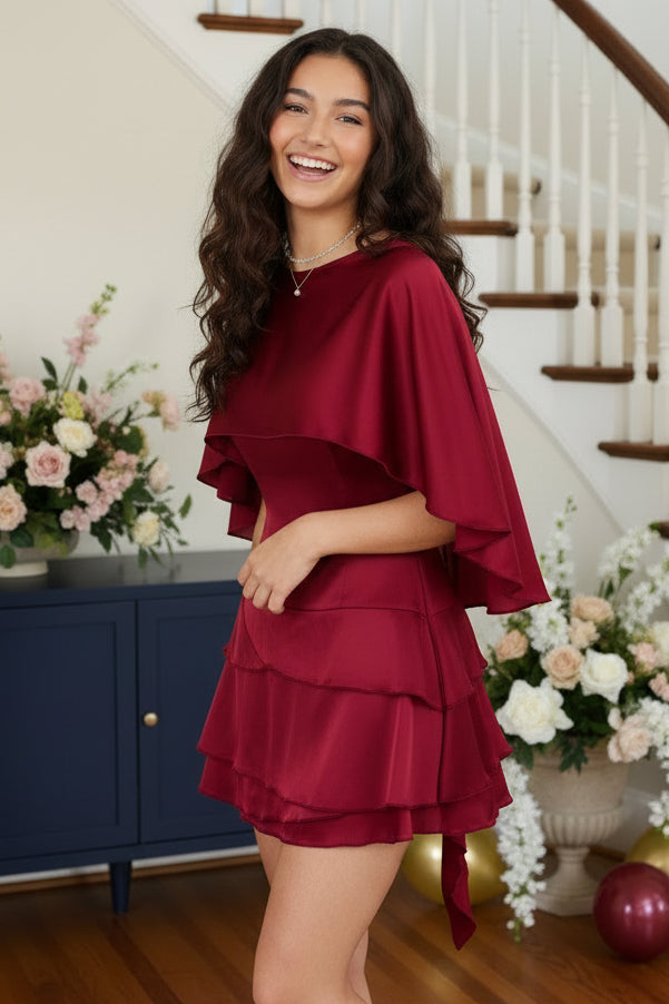 Tiered Mini Dress with Capelet Overlay