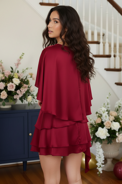 Tiered Mini Dress with Capelet Overlay