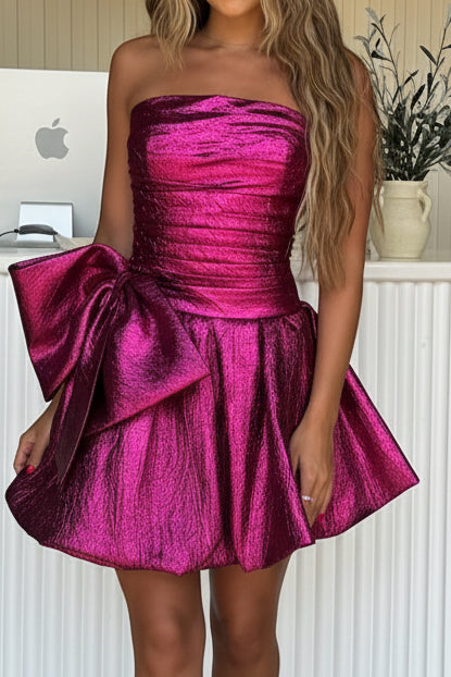Strapless Ruched Metallic Mini Dress with Oversized Bow