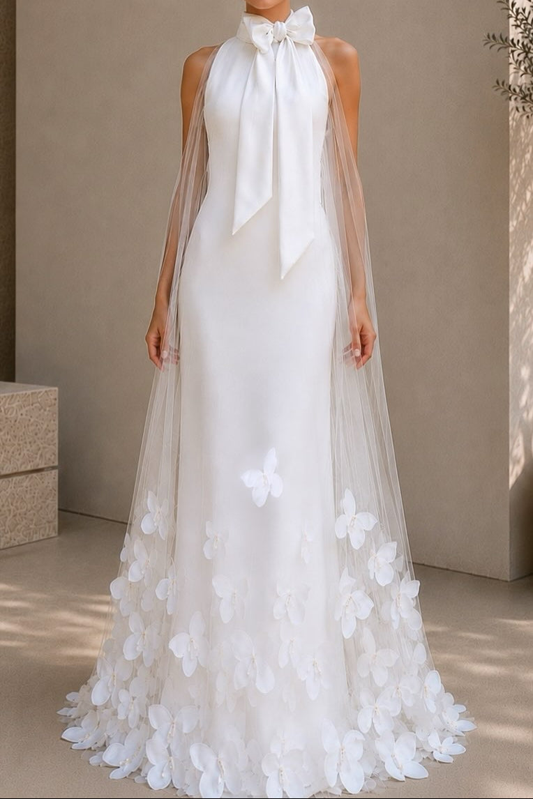 Halter Bow Neck Sheath Gown with Floral Cape Overlay
