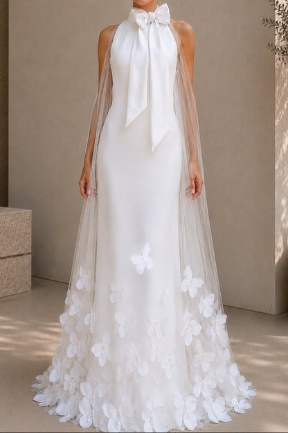 Halter Bow Neck Sheath Gown with Floral Cape Overlay