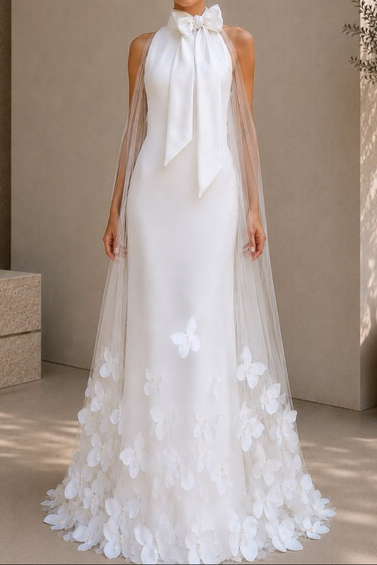 Halter Bow Neck Sheath Gown with Floral Cape Overlay