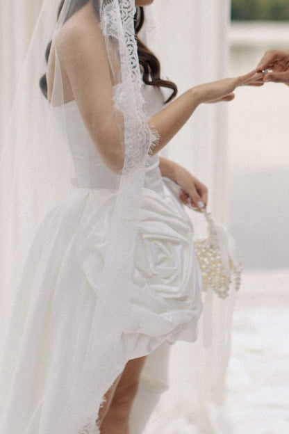 Strapless High-Low Floral Rosette Wedding Dress