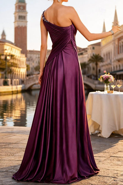 One Shoulder Pleated Satin Evening Gown