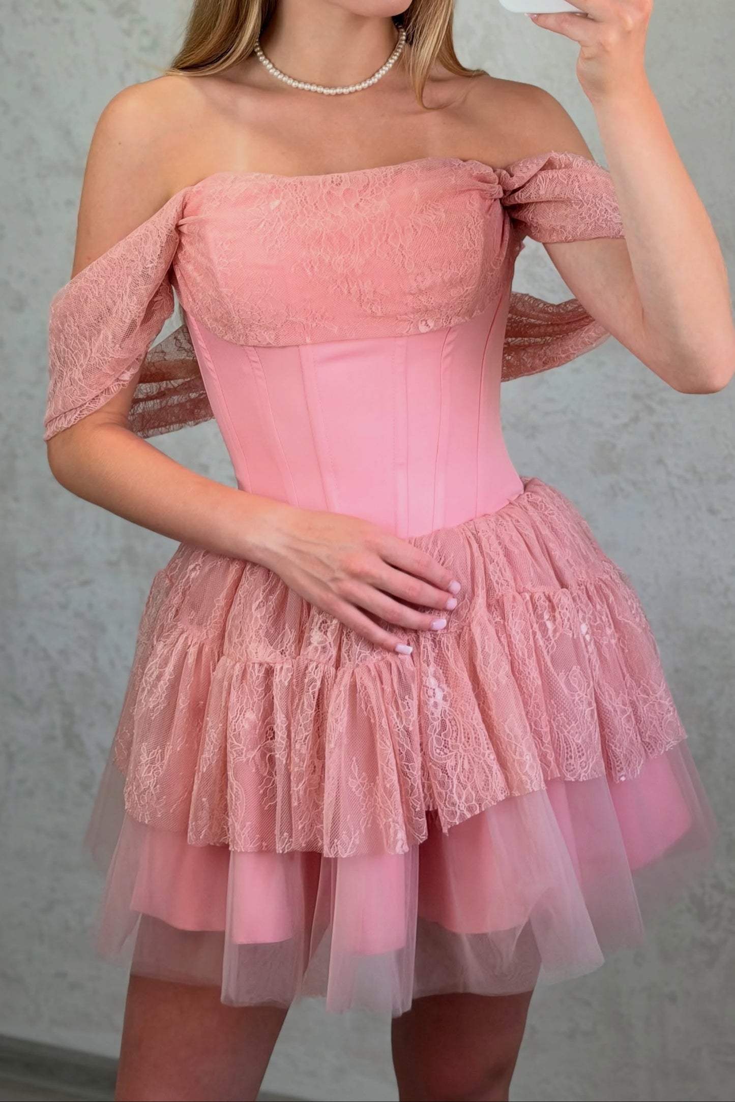 Off-Shoulder Corset Mini Dress with Tiered Tulle Skirt