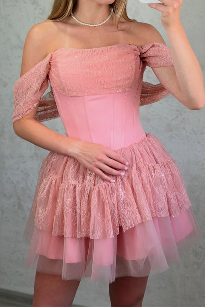Off-Shoulder Corset Mini Dress with Tiered Tulle Skirt