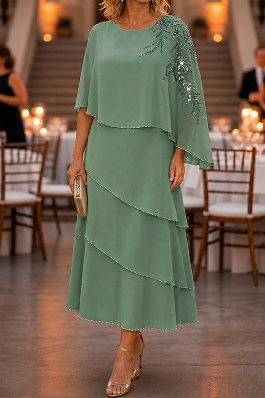 Tiered Midi Dress with Beaded Capelet Overlay