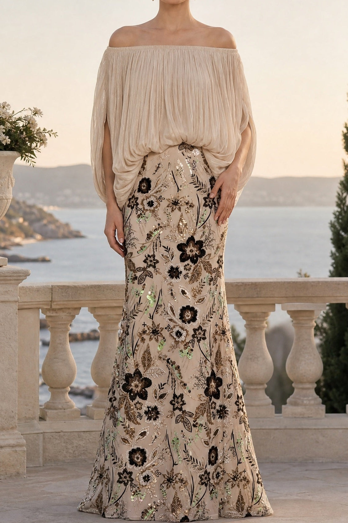 Off-the-Shoulder Pleated Floral Sequin Gown
