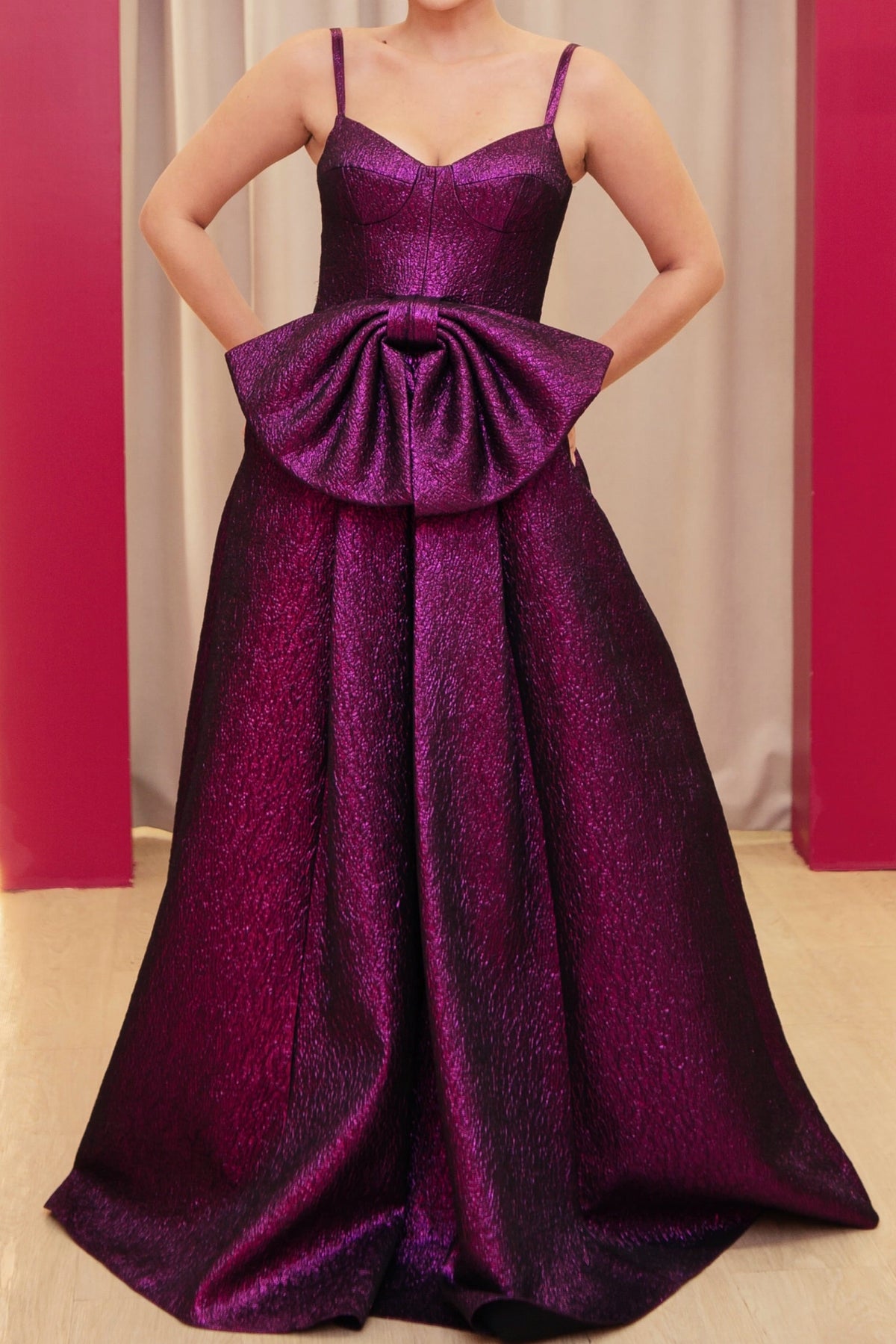 Metallic Sweetheart Gown with Front Waist Bow