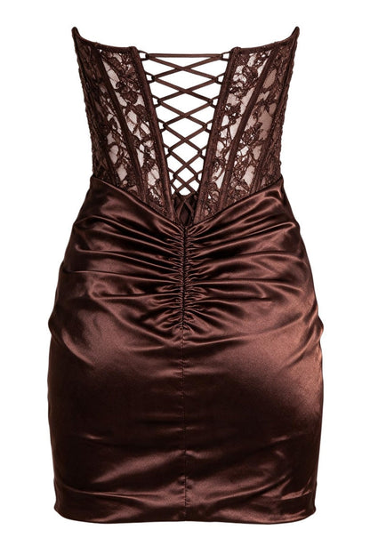 Strapless Lace Corset Ruched Satin Mini Dress