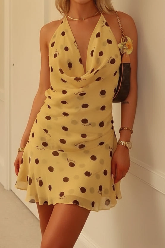 Polka Dot Halter Cowl Neck Mini Dress