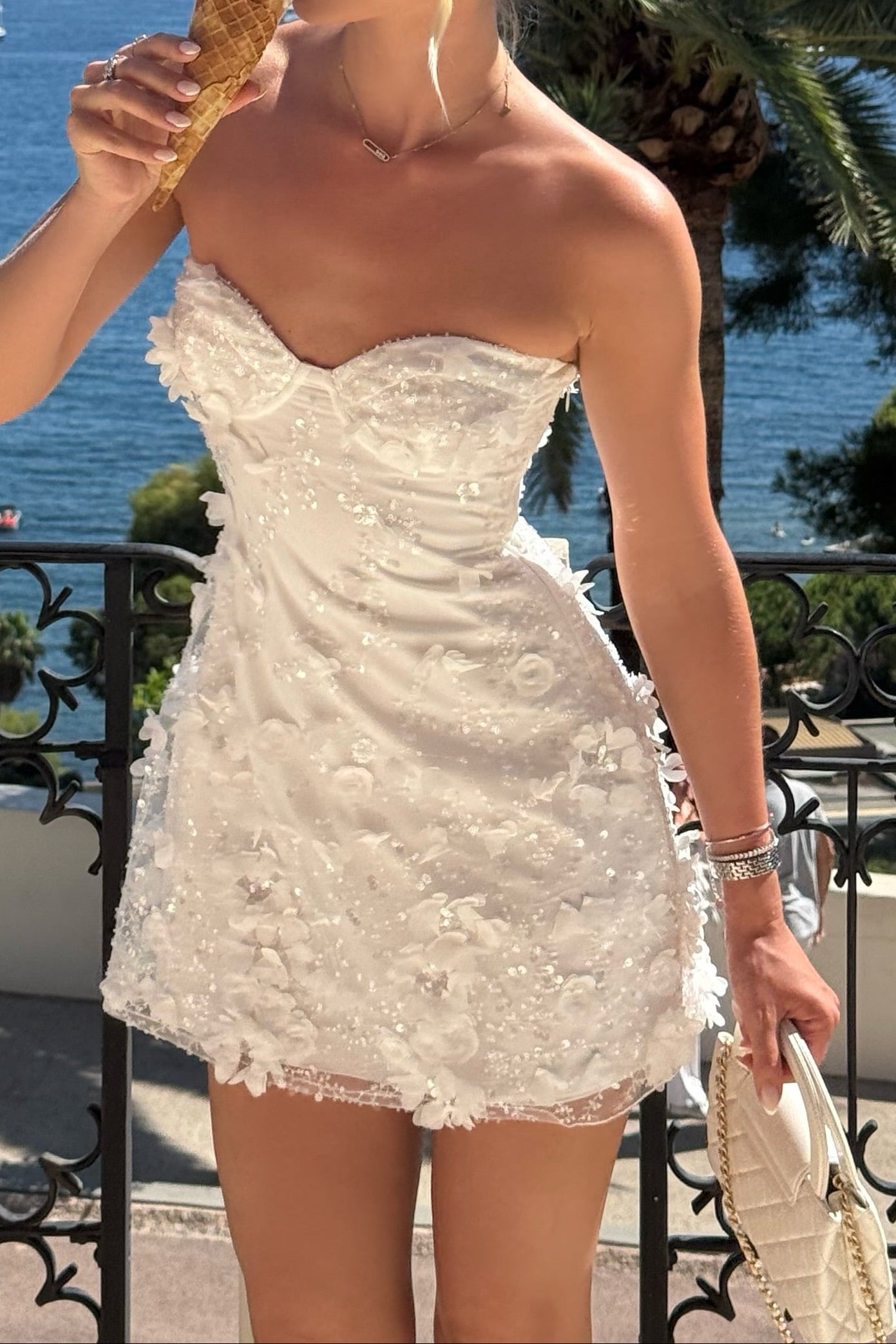 Strapless 3D Floral Applique Mini Dress