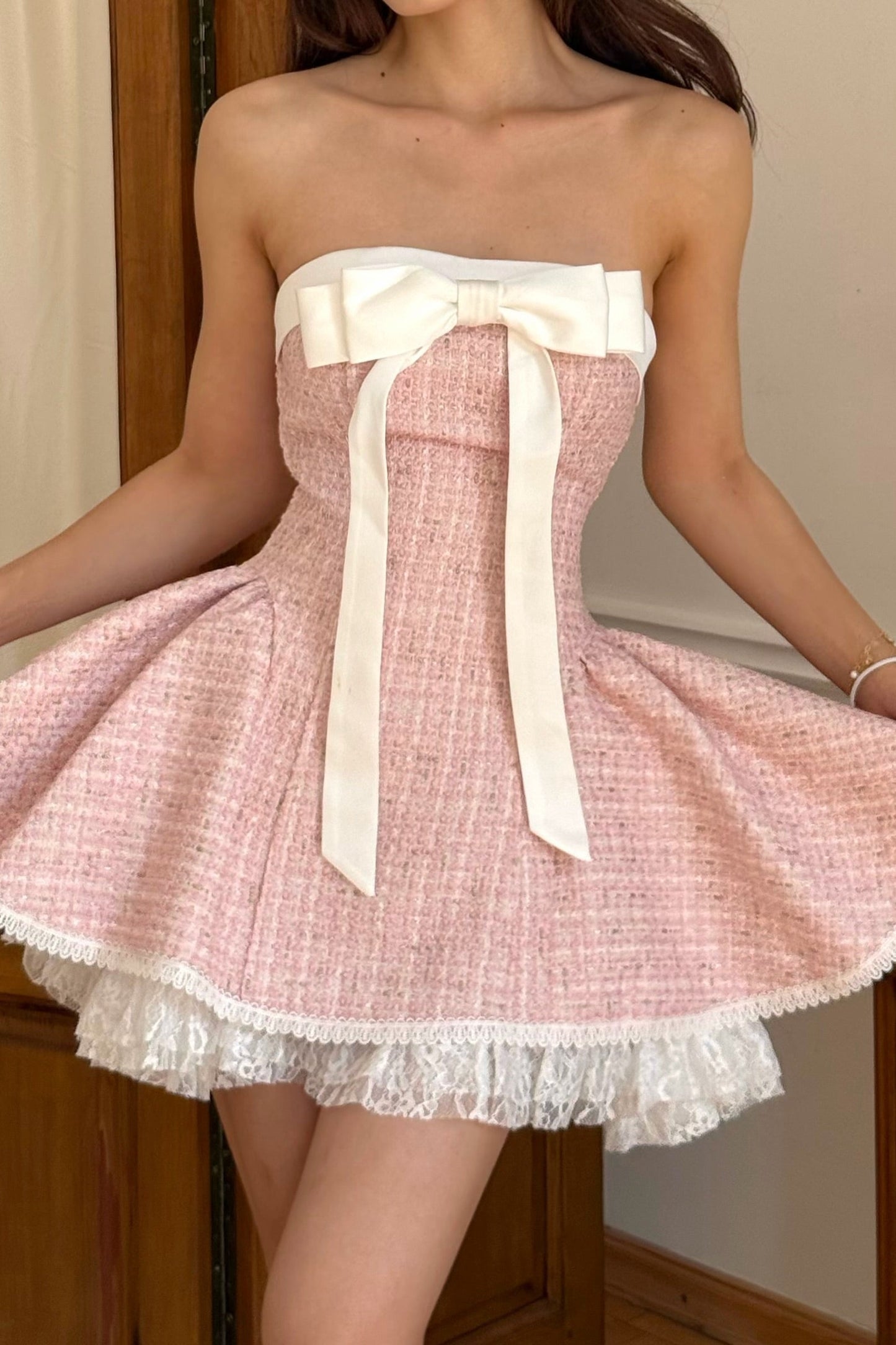 Strapless Tweed Mini Dress with Satin Bow & Lace Hem