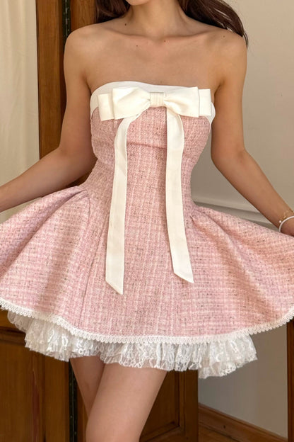 Strapless Tweed Mini Dress with Satin Bow & Lace Hem