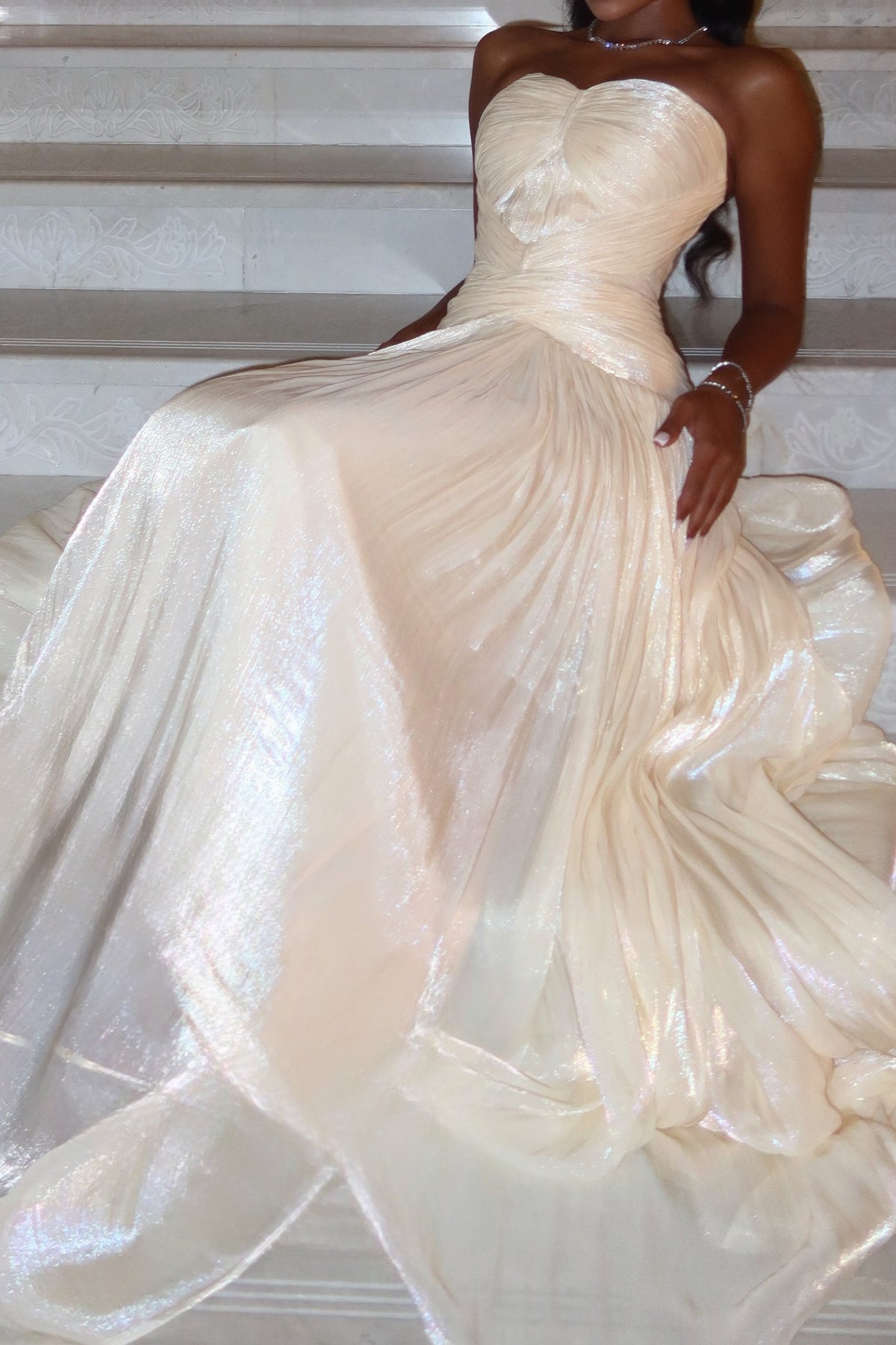 Strapless Pleated Shimmer A-Line Gown