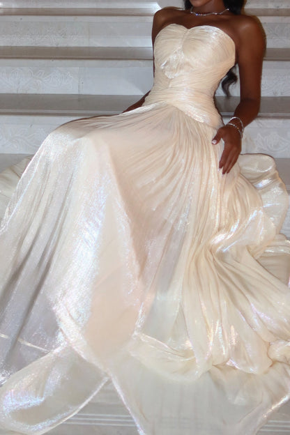 Strapless Pleated Shimmer A-Line Gown