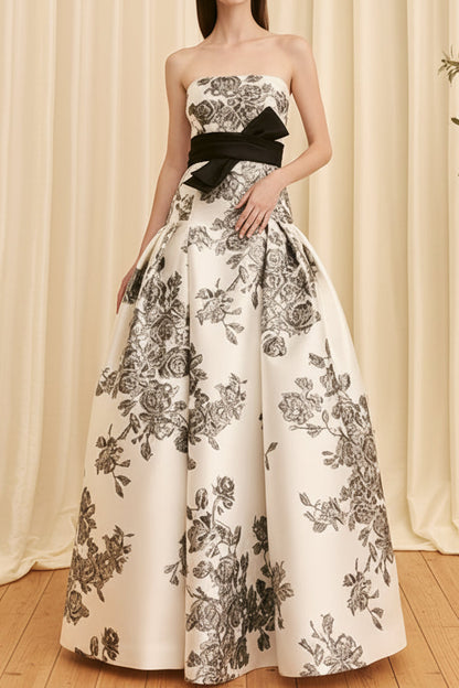 Strapless Floral Ball Gown with Waist Sash