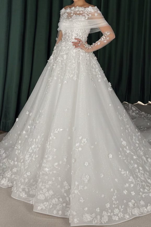 Off-Shoulder Floral Applique Ball Gown Wedding Dress