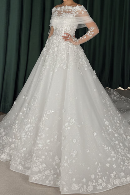 Off-Shoulder Floral Applique Ball Gown Wedding Dress