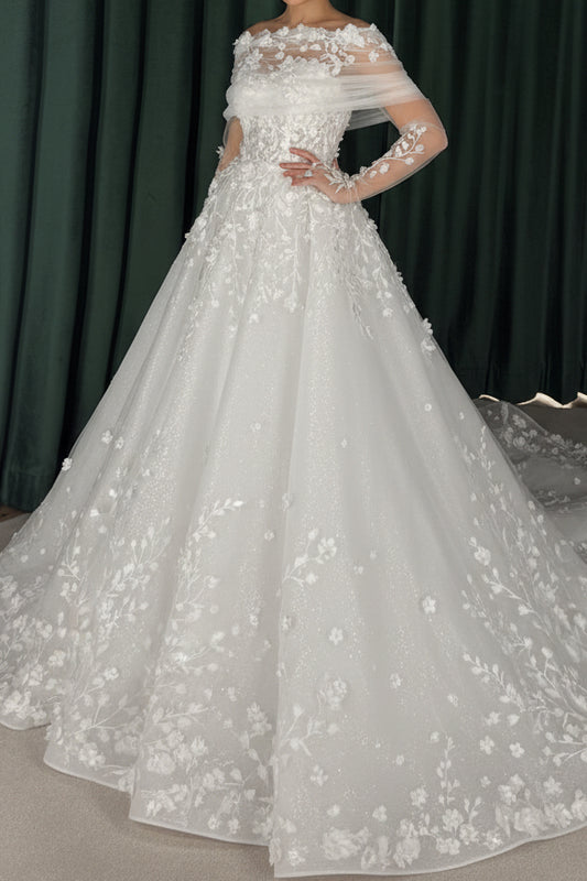 Off-Shoulder Floral Applique Ball Gown Wedding Dress