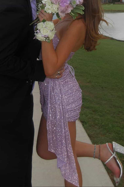 Strapless Ruched Sequin Mini Dress with Side Drape