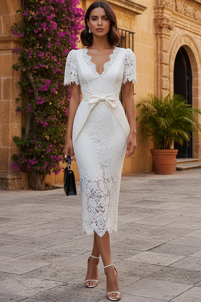 Lace V-Neck Midi Dress with Bow Sash