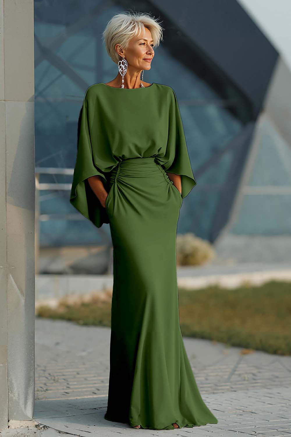 Elegant Ruched Evening Gown with Cape Sleeves