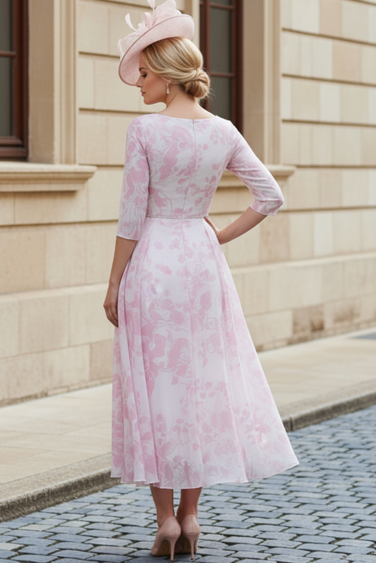Floral Jacquard Midi Dress with Chiffon Overskirt
